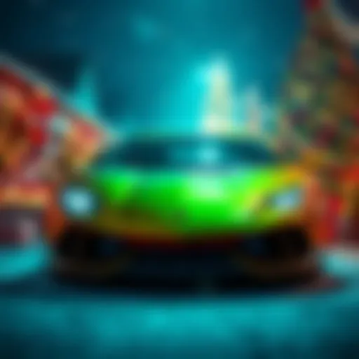 A shiny Lamborghini parked with festive decorations around it, symbolizing the excitement for the upcoming Christmas season.