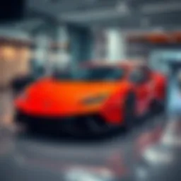 A sleek Lamborghini parked in a modern car showroom, showcasing its luxury design and vibrant color.