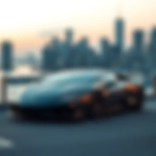 A sleek Lamborghini sports car parked with a stunning city skyline in the background.