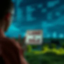 A frustrated person looking at a land for sale sign with a computer showing error messages in the background