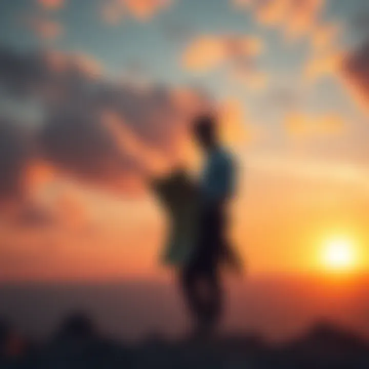 A person standing on a newly acquired land, looking determined with a map in hand and a sunset in the background.