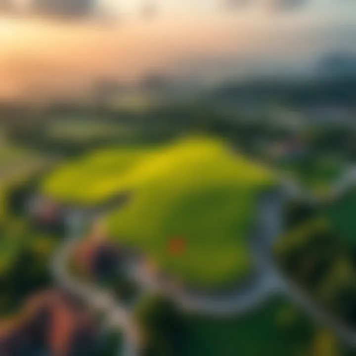Aerial view of a lush green plot of land available for sale, showcasing its potential for investment.