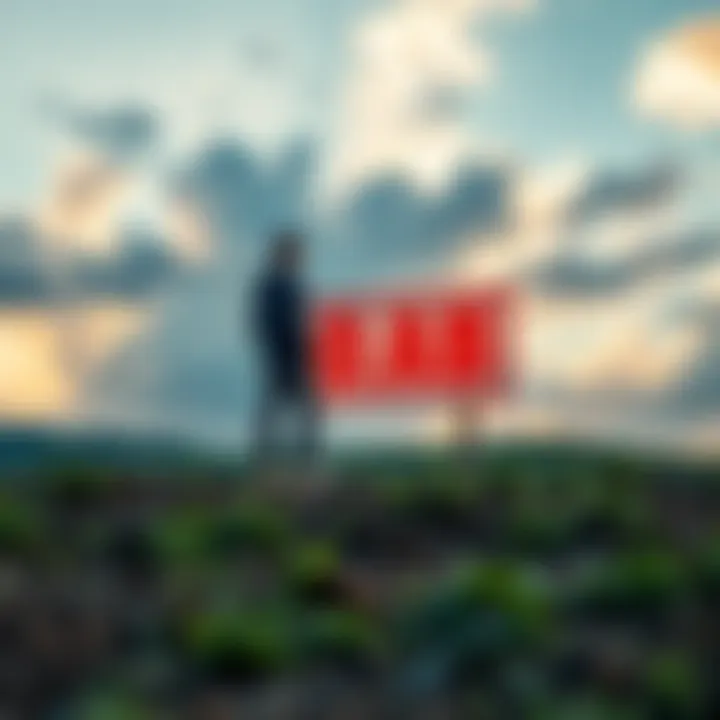 A person standing on a plot of land with a measured value sign showing decline, looking contemplative about purchasing land.