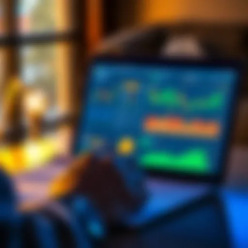 A person reviewing land purchase documents with a laptop showing cryptocurrency charts