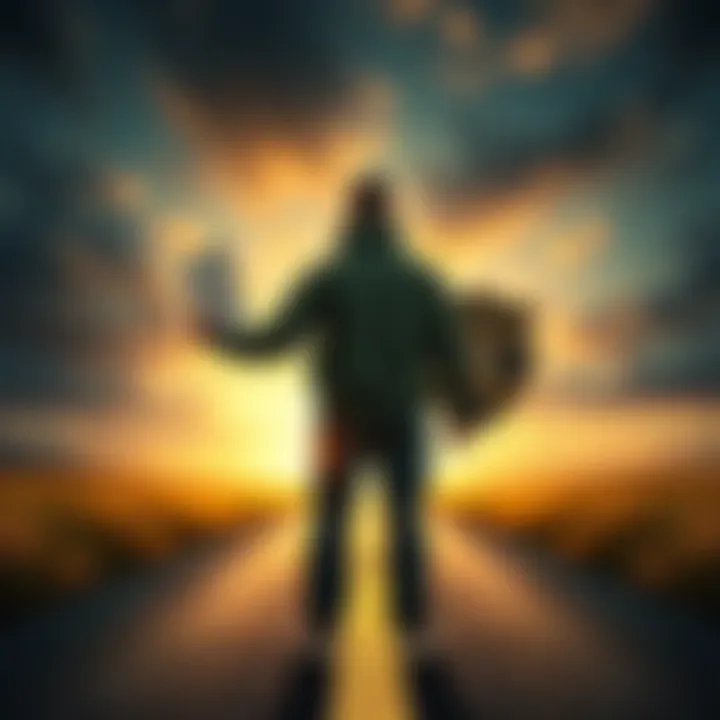 A person standing at a crossroads holding a land deed in one hand and a badge in the other, contemplating their next move after reaching a milestone.