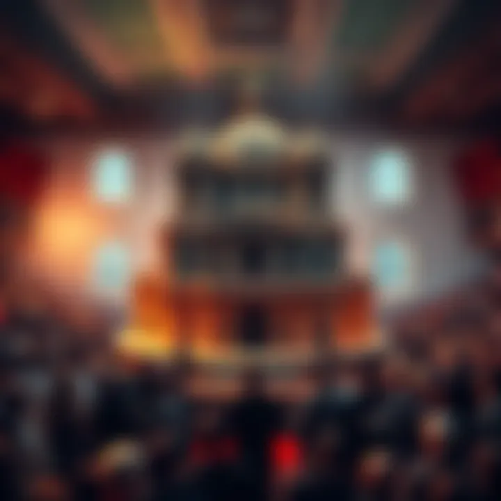 A crowded auction room with people bidding on a large model of a famous building, showcasing intense competition for a landmark property.