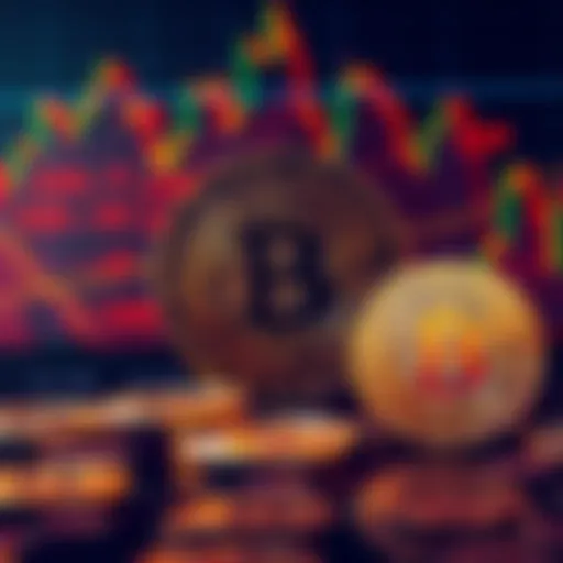 Large Bitcoin Coins with Price Chart A visual of large Bitcoin coins in front of a fluctuating price chart, showing contrasting market trends despite large purchases.