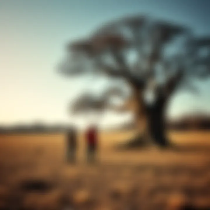 Disappointed nature lovers stand next to a large tree in a barren landscape, expressing their frustration over unmet expectations.