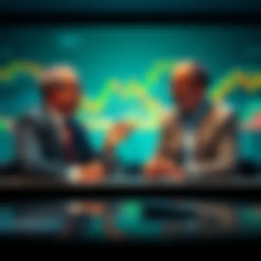 Larry Fink and the CEO of JPMorgan sitting at a table discussing Bitcoin and cryptocurrency trends, with charts and financial data in the background.