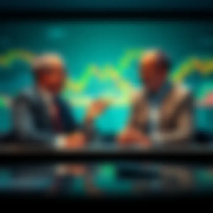 Larry Fink and the CEO of JPMorgan sitting at a table discussing Bitcoin and cryptocurrency trends, with charts and financial data in the background.