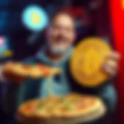 Laszlo Hanyecz holding two pizzas and holding up a Bitcoin symbol, commemorating the first Bitcoin purchase