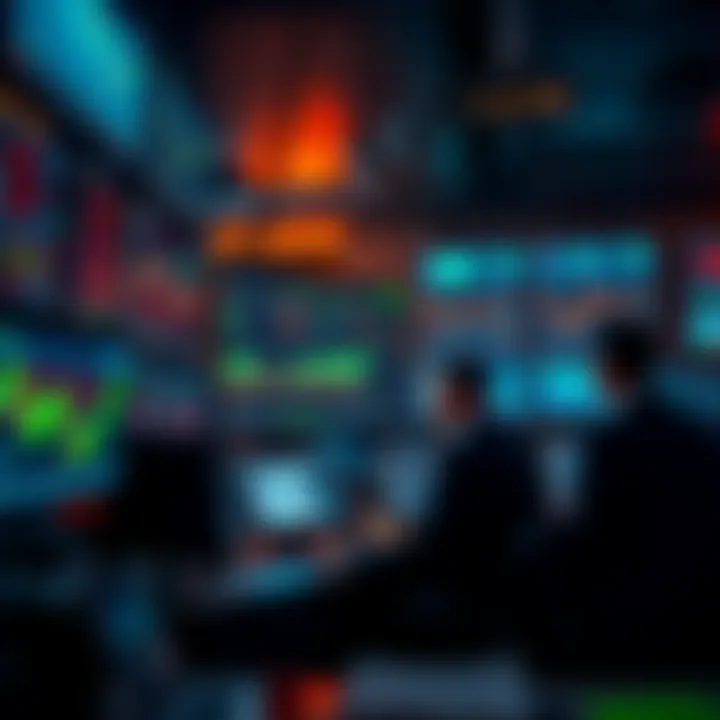 Traders monitor stock charts on screens in a dimly lit room, showing fluctuating prices during late-night market trading.