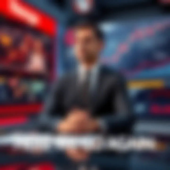 A news reporter discussing recent events with a backdrop of headlines and charts