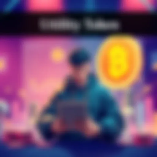 A bright illustration showing a person planning a utility token launch for a blockchain game with charts and tokens around them.