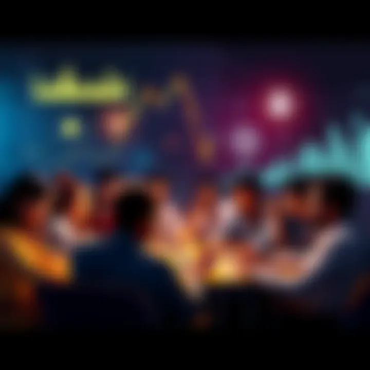 A team of diverse people brainstorming ideas for a cryptocurrency project on Solana, with charts and tech visuals in the background.