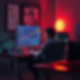 A person sitting at a desk, working on a computer to launch a cryptocurrency coin without a bundler, with charts and code on the screen
