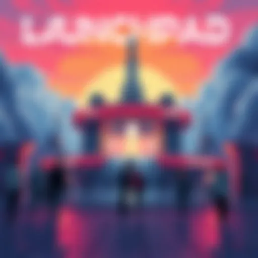 A digital illustration of a launchpad ready for its debut, showcasing futuristic designs and vibrant colors. People are gathered to celebrate the launch.