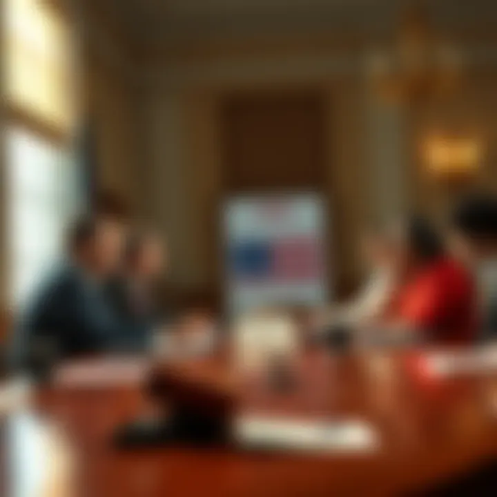 Group of lawmakers gathered around a table discussing important legislation with a calendar showing July 4th in the background