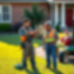 A lawn care worker stands next to a freshly mowed lawn, discussing financial tips with a homeowner, who looks intrigued.