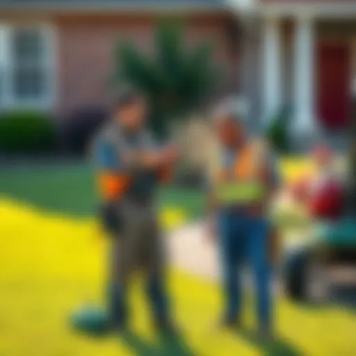 A lawn care worker stands next to a freshly mowed lawn, discussing financial tips with a homeowner, who looks intrigued.