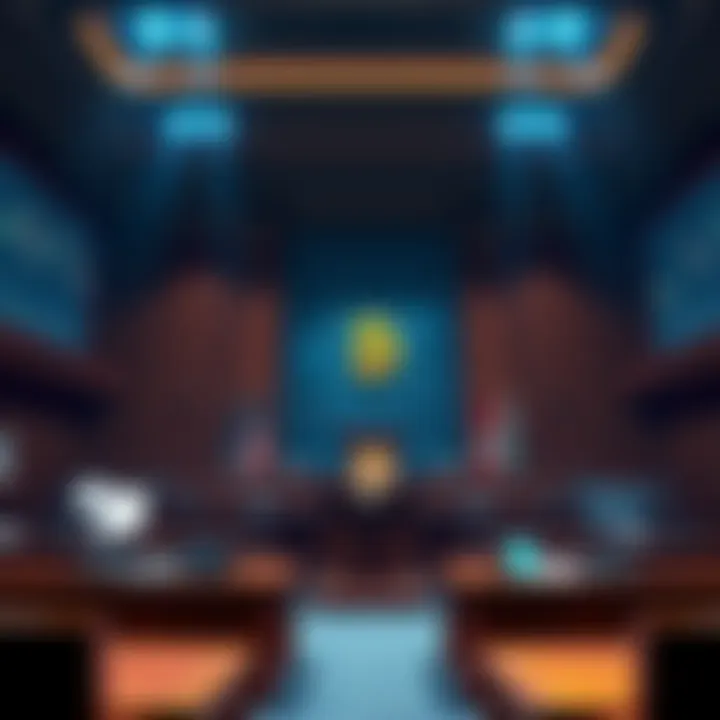 A visual representation of a lawsuit involving Jane Street Capital and Bitcoin price manipulation, showcasing a courtroom with financial charts in the background.