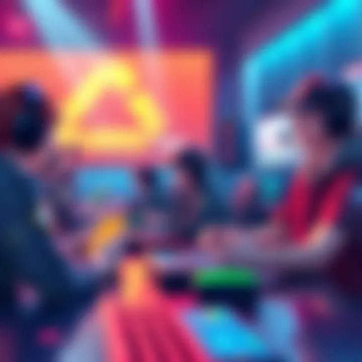 A vibrant illustration showing gamers engaging with Layer 2 solutions on a digital platform, highlighting fast transactions and low fees.