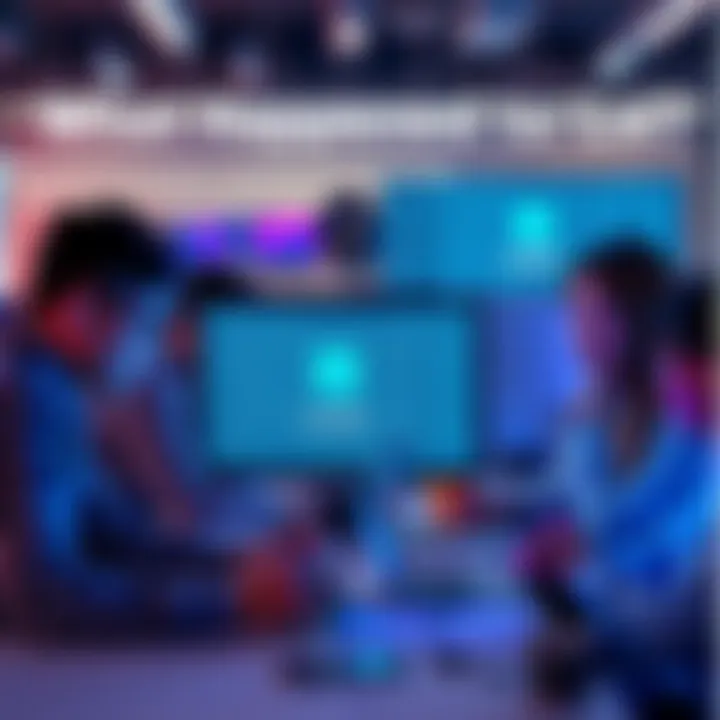 A group of developers collaborating at a modern workspace, focused on laptops with LayerAi branding on screens, discussing project progress