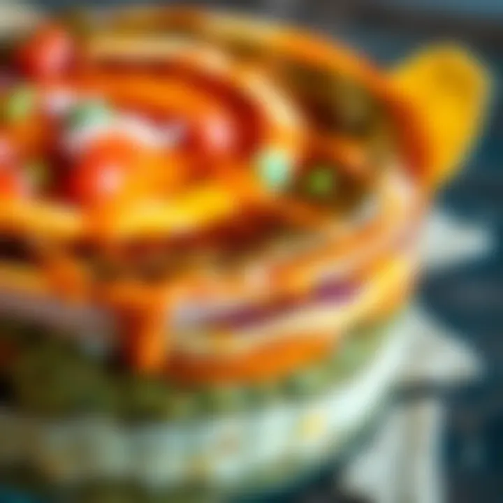 Layers of Dip A close-up view of a colorful dip with multiple layers, showcasing vibrant ingredients like salsa, guacamole, and cheese.