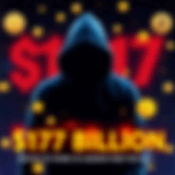 A graphic representation of a shadowy figure in a hoodie, surrounded by digital currency symbols, symbolizing the Lazarus Group's cyber theft activities, with the number $17 billion in the background.