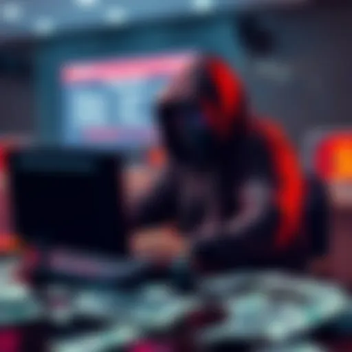 A representation of cybercrime depicting a hooded figure working on a computer with dollar bills scattered around.