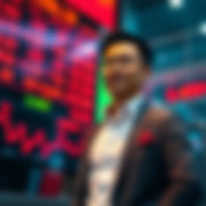 Le Phong, CEO of Strategy Inc, confidently stands in front of a stock market display after investing in preferred stock.