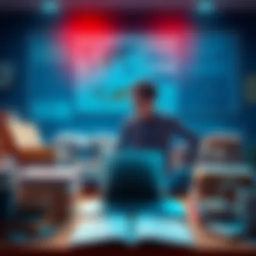 Learning Resources for DeFi A person studying DeFi concepts with books, a laptop, and charts around them