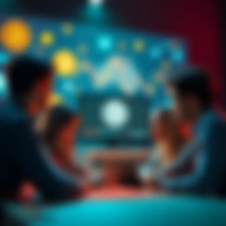 A group of people watching a YouTube video about Bitcoin on a laptop, with cryptocurrency graphics in the background.