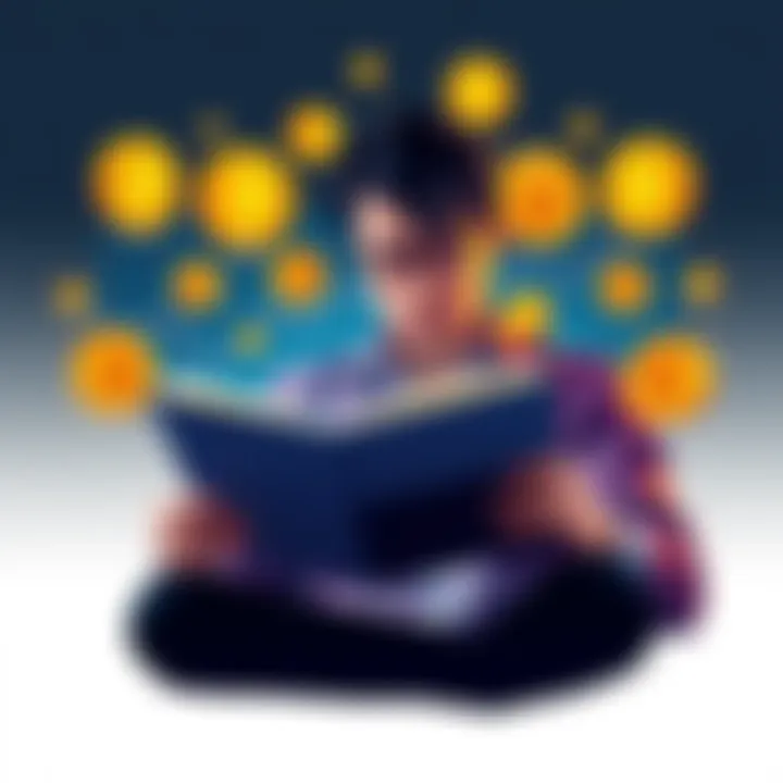 A person reading a guide on cryptocurrency with charts and Bitcoin symbols around them.