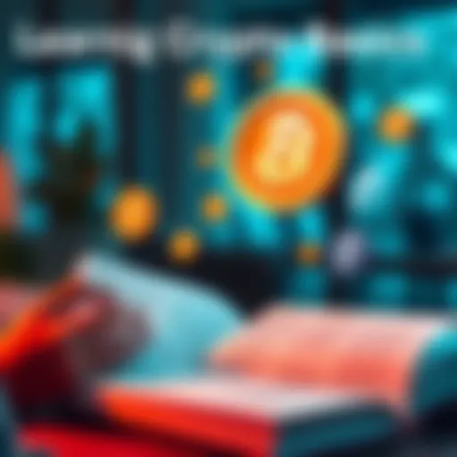 A person reading a guide to cryptocurrency with icons of Bitcoin and Ethereum around them.