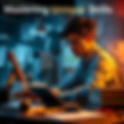 A person focused on learning a unique skill, such as painting or coding, with books and tools around them.