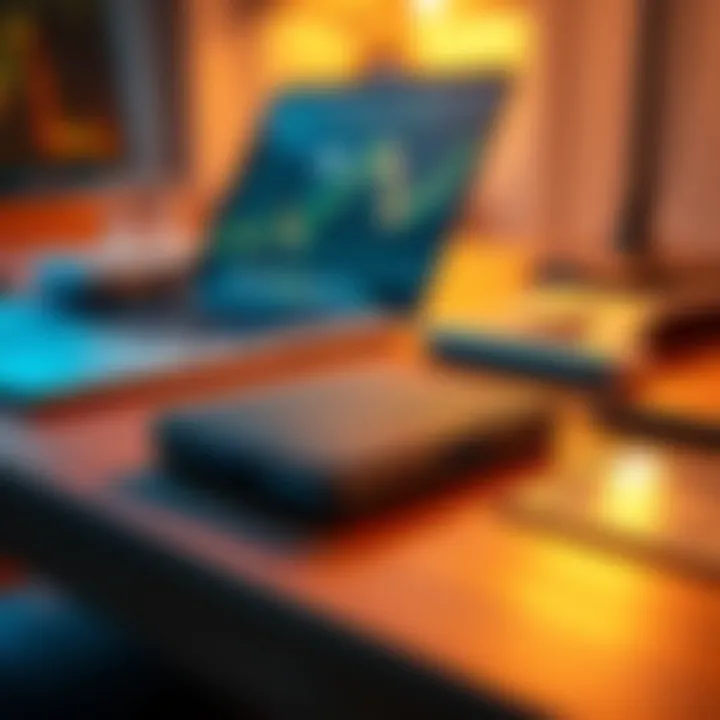 Ledger Nano X Wallet on a Table A Ledger Nano X cryptocurrency wallet placed on a wooden table with a laptop and digital assets in the background