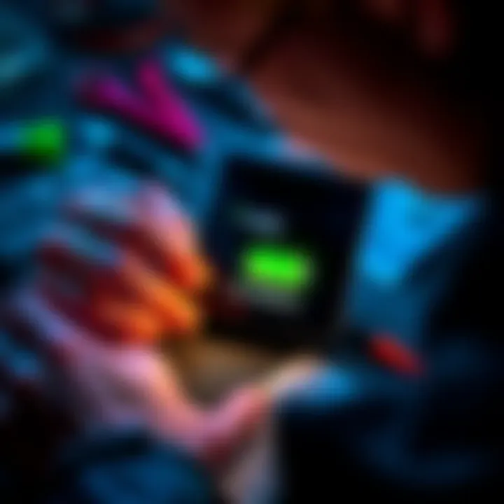 A person examining a Ledger device with a low battery warning on the screen, surrounded by tools and guides for battery maintenance.