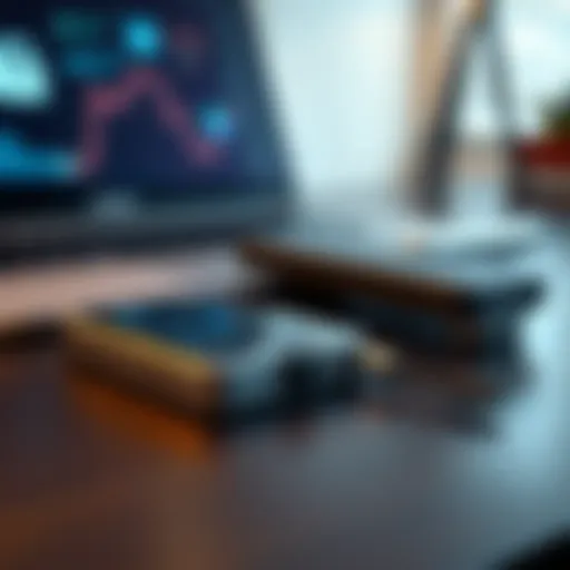 A close-up of a Ledger cryptocurrency hardware wallet, showcasing its secure design and display screen, with a blurred background of a laptop and digital security elements.