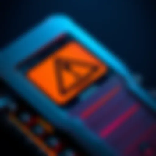 A close-up view of a Ledger hardware wallet with a warning sign indicating a security flaw