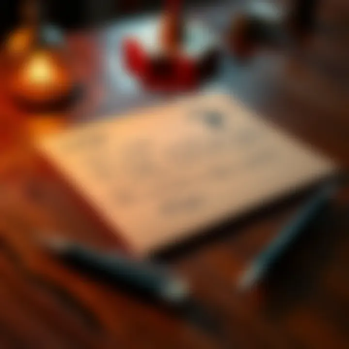 A close-up view of a mysterious letter from Ledger, postmarked from Michigan, sitting on a wooden table with a pen beside it.