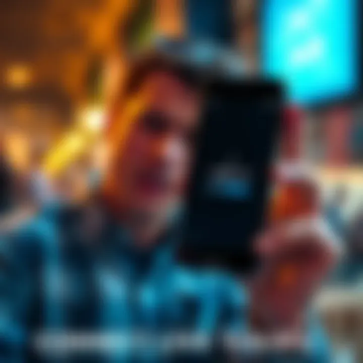 A frustrated person holding a smartphone displaying the Ledger Live app with a loading screen