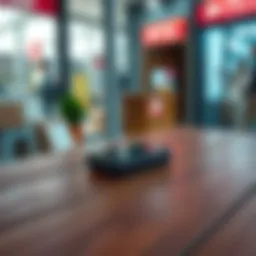 A Ledger Nano S Plus device placed on a wooden table with a blurred background of a post office, emphasizing delivery options.