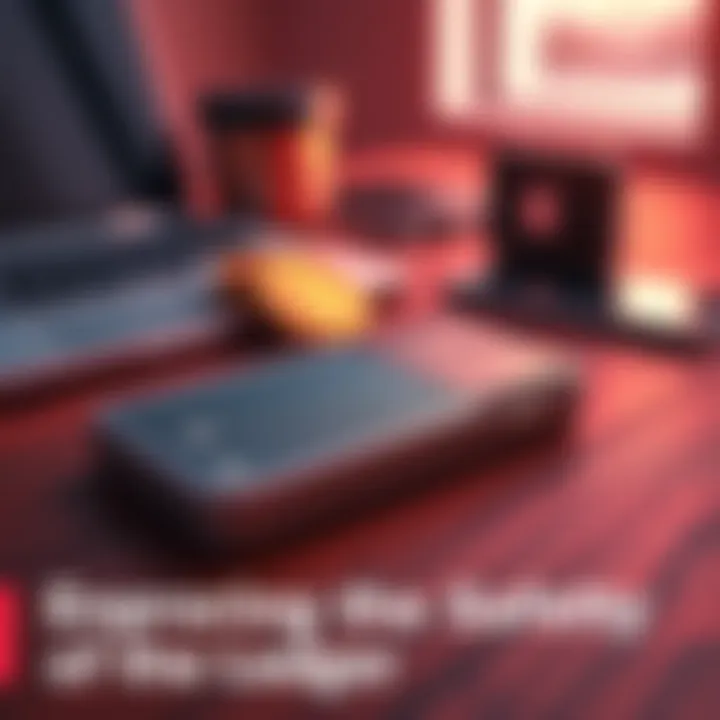 A Ledger Nano S Plus cryptocurrency wallet placed on a wooden table with a laptop and coins in the background