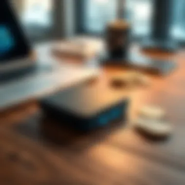 A Ledger Nano wallet placed on a wooden table with a laptop and crypto coins nearby