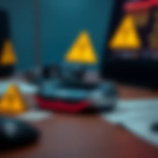 A close-up of a Ledger device on a desk, surrounded by warning symbols indicating security risks.