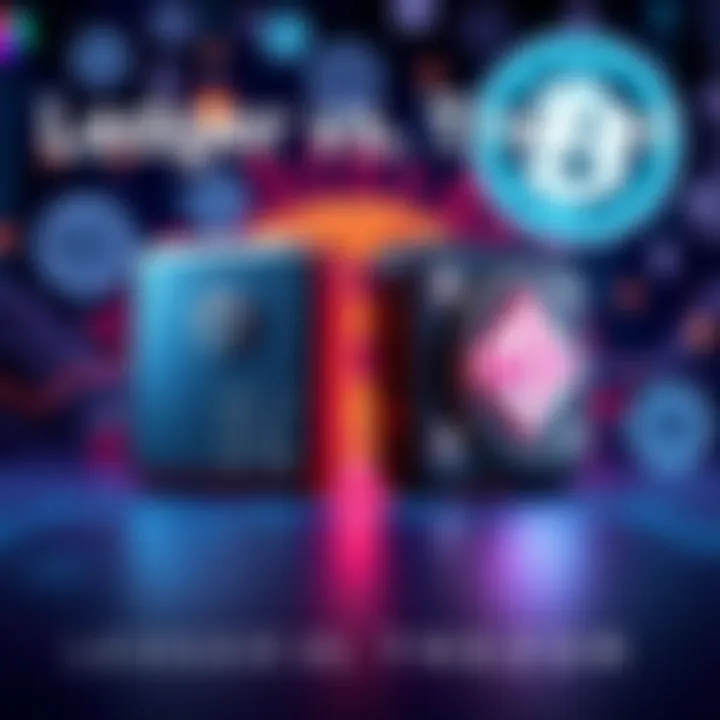 Two crypto wallets, Ledger and Trezor, displayed side by side with security icons and bitcoin symbols in the background.