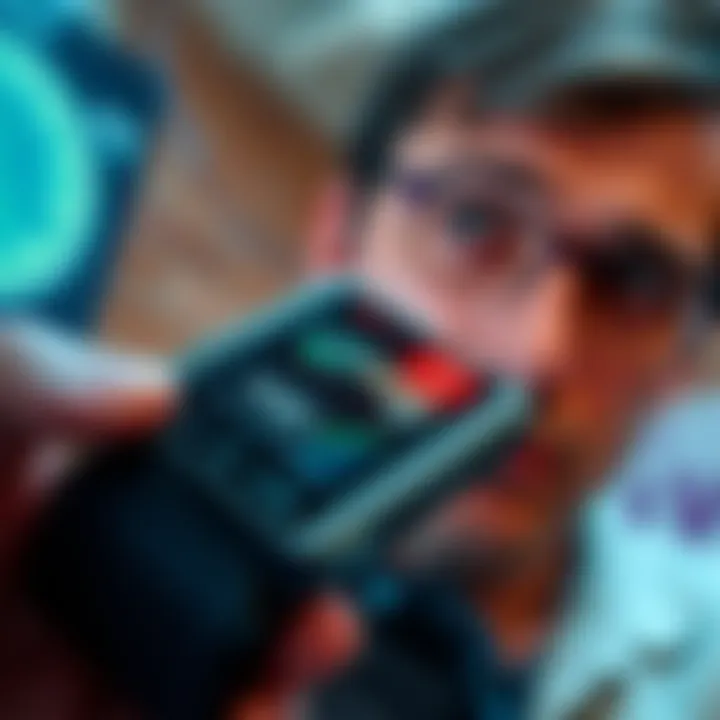 A close-up of a Ledger wallet displaying cryptocurrency balances on the screen, with a worried person in the background looking at it.