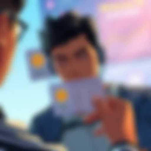 Illustration showing a person looking at a chart displaying rewards and benefits related to Legacy CRO staking, with a card in hand.