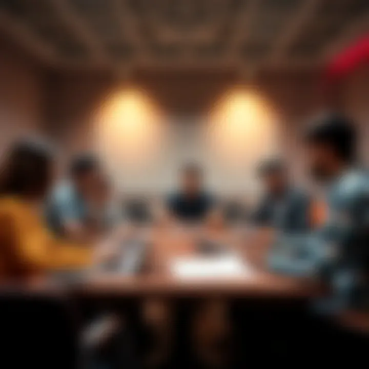 A group of diverse people discussing legal issues in a conference room with papers and laptops on the table.